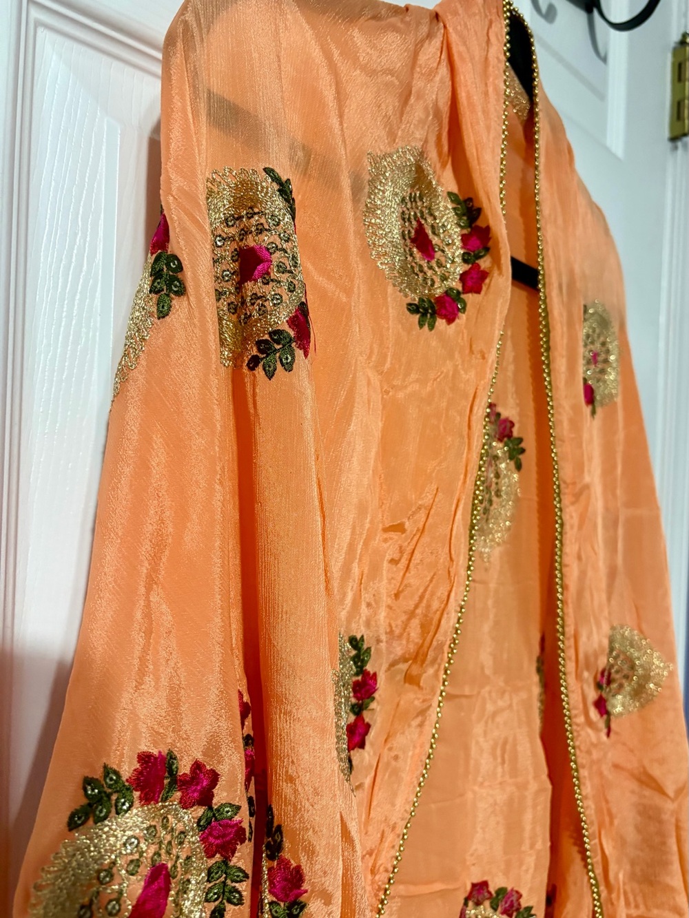 Peach Party wear chiffon chunari dupatta with heavy Zari & Floral embroidery-
